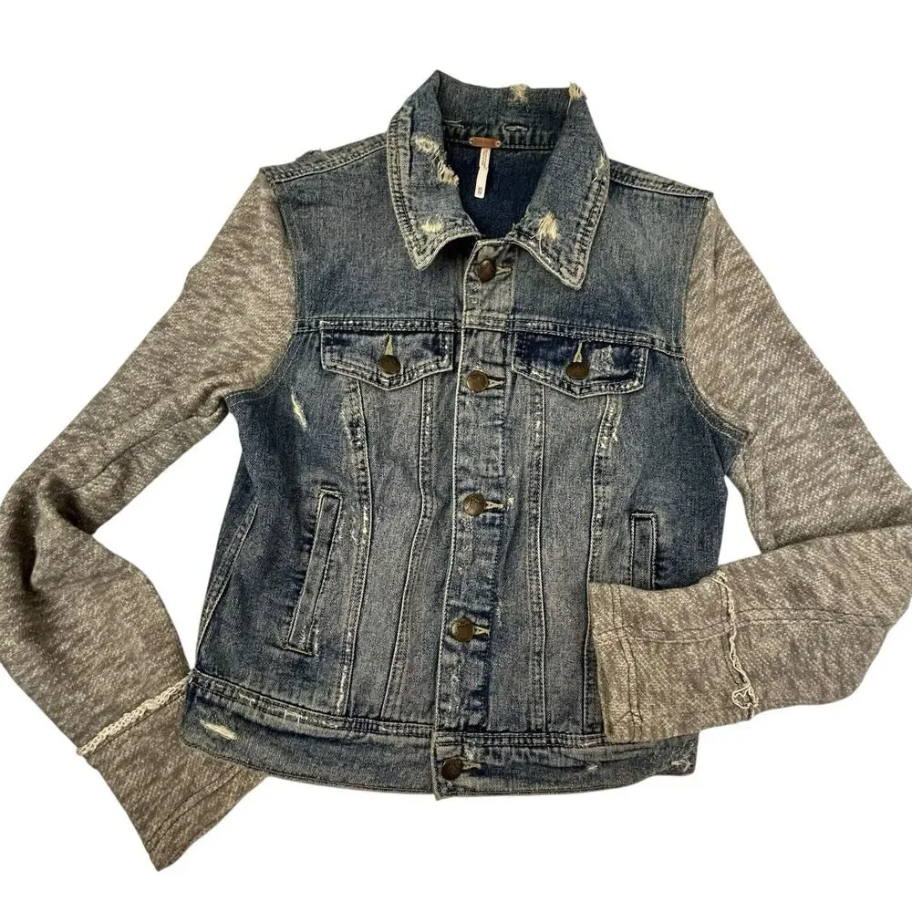 Free People Distressed Knit Denim Jean Jacket Women XS Blue Grey NO HOOD - Picture 2 of 12